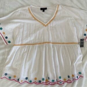 NWT, Lane Bryant White Blouse with Colorful Embroidery, Size 14